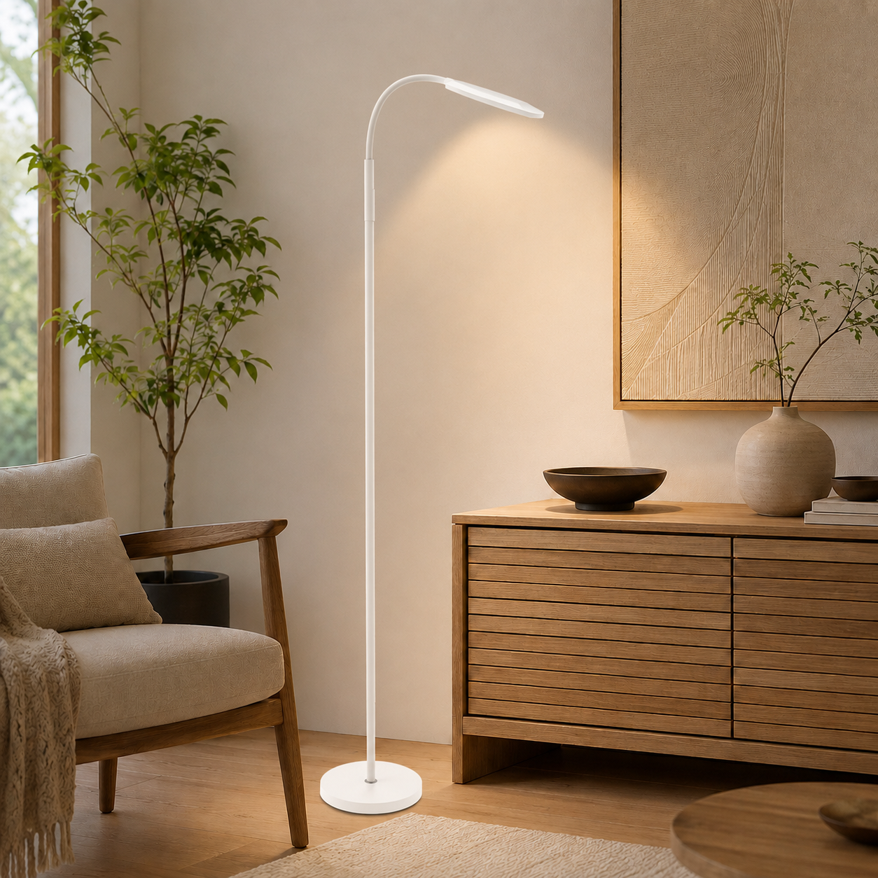 Una lámpara de pie blanca ilumina un salón luminoso junto a un sillón y un mueble de madera.