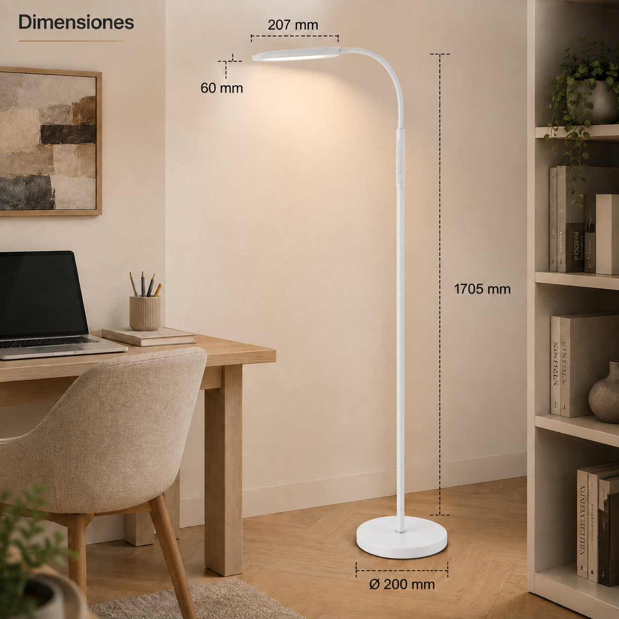 Lámpara de pie blanca con dimensiones en una habitación, junto a un escritorio.