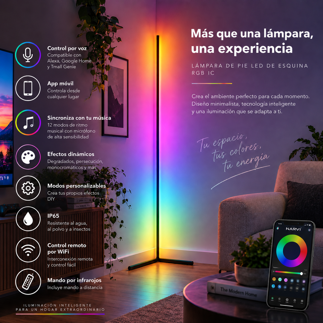 Una lámpara de pie LED de esquina colorida en una habitación con sofá, plantas y texto promocional.