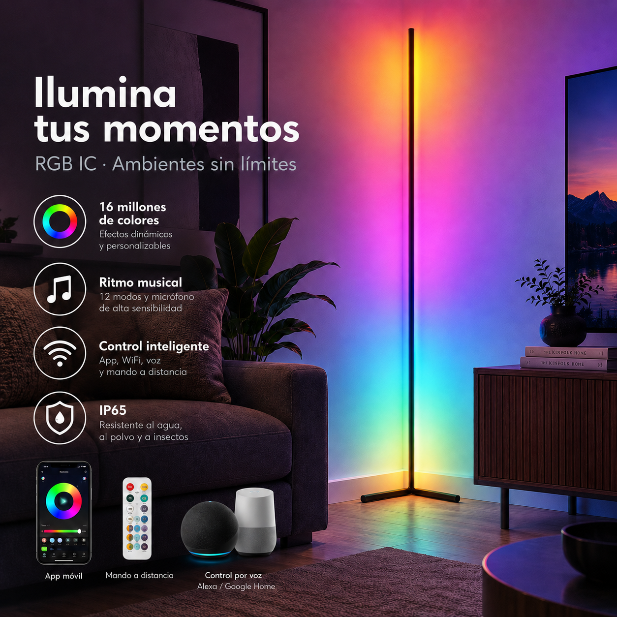 Una lámpara de pie esquinera RGB colorida ilumina un salón moderno junto al sofá y la televisión.