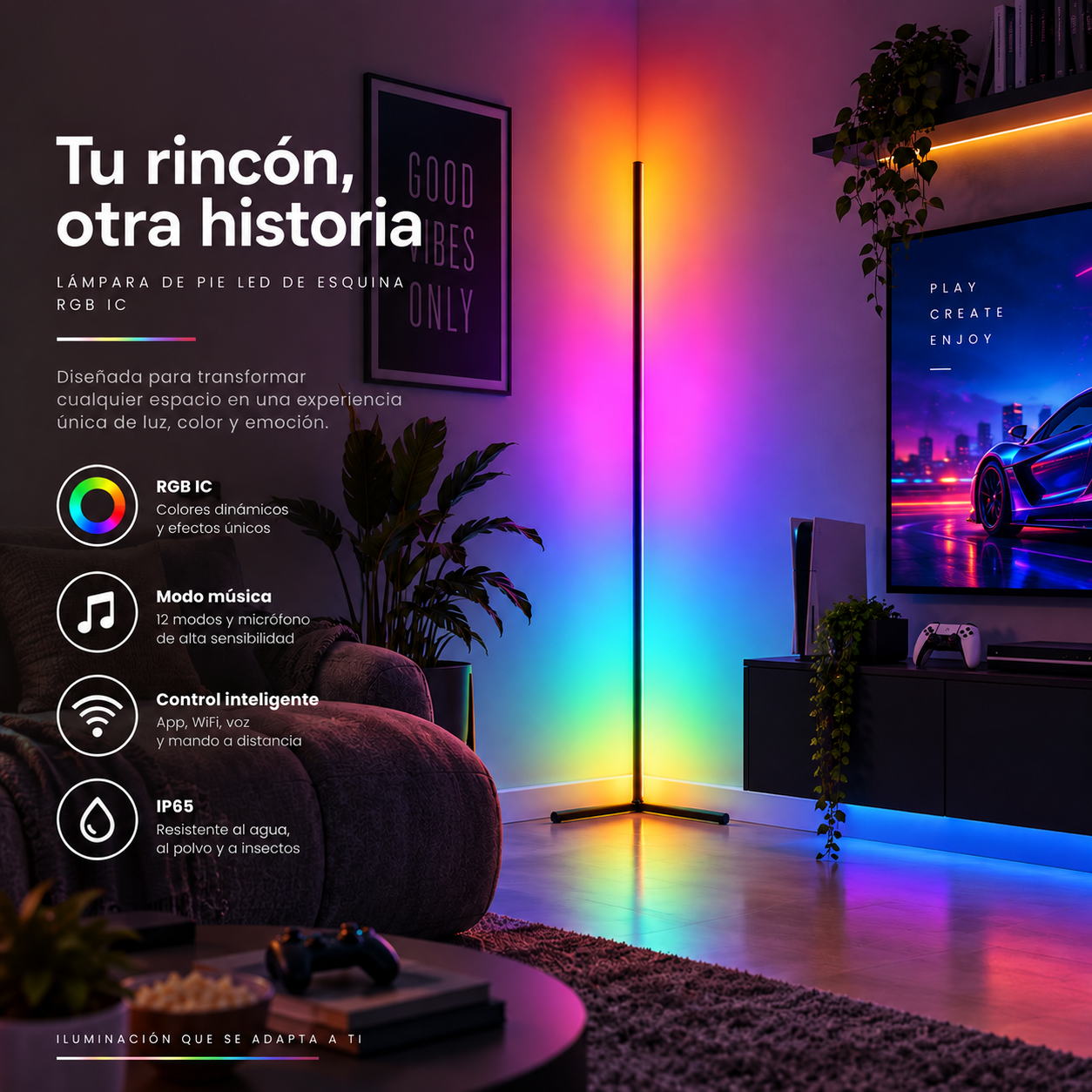 Una lámpara de pie esquinera RGB ilumina una sala de estar con televisor, plantas y texto promocional.