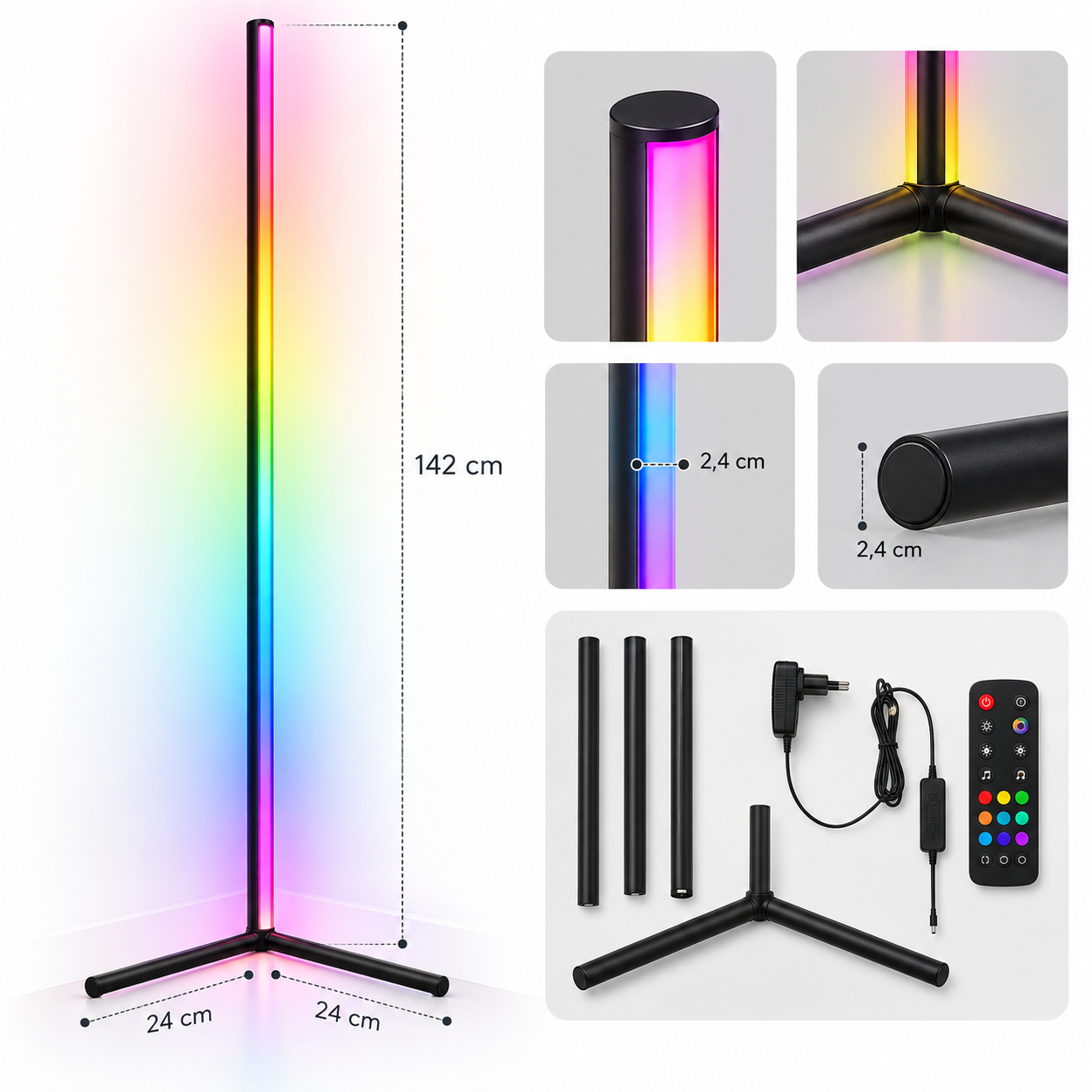 Lámpara de rincón LED colorida con dimensiones, detalles y accesorios como mando.