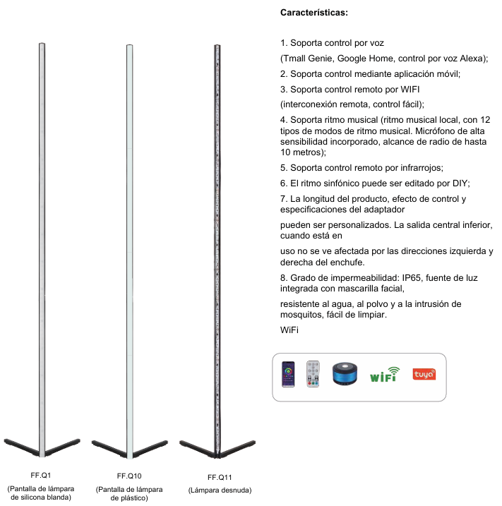 Tres lámparas de pie LED delgadas con base en V y descripción de características en español.