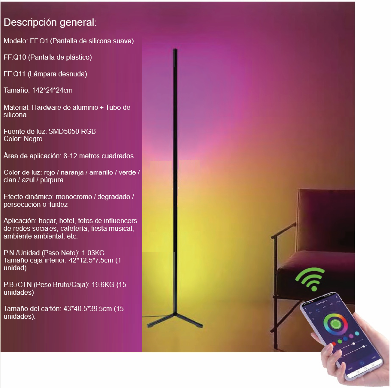 Estilizada lámpara de pie negra ante pared colorida con control de móvil.