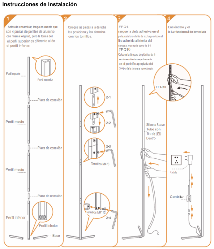 Un manual de instalación en cuatro pasos que muestra cómo ensamblar perfiles de aluminio y colocar una tira de LED.