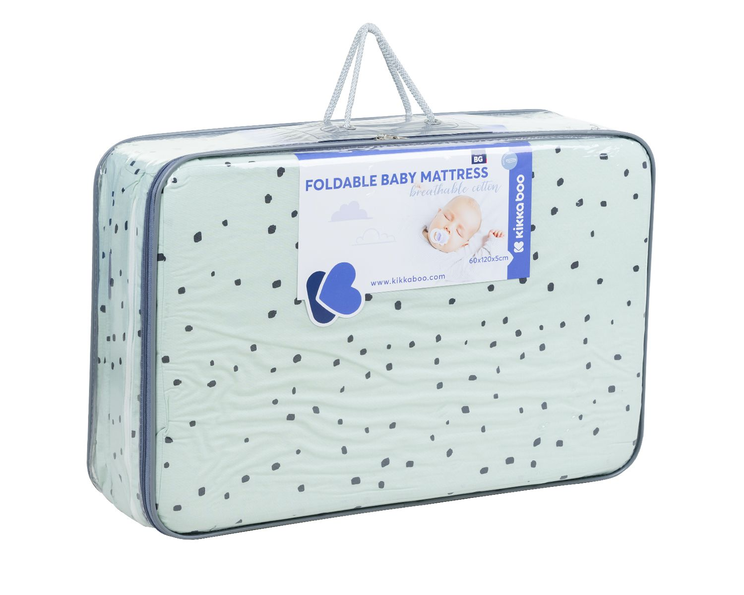 Faltbare Babymatratze in blauer Tragetasche mit dunklen Flecken und aufgedrucktem KikaBoo-Logo.