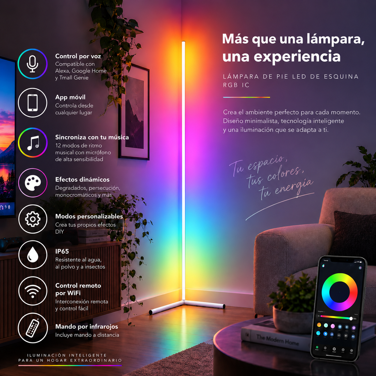 Lámpara de pie LED de esquina RGB en una sala moderna con textos superpuestos y control por aplicación.