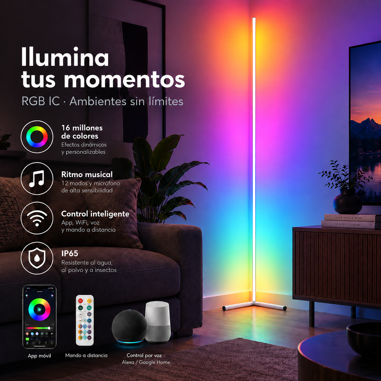 Una lámpara de pie RGB ilumina una sala en colores del arcoíris, junto a un sofá y texto explicativo.