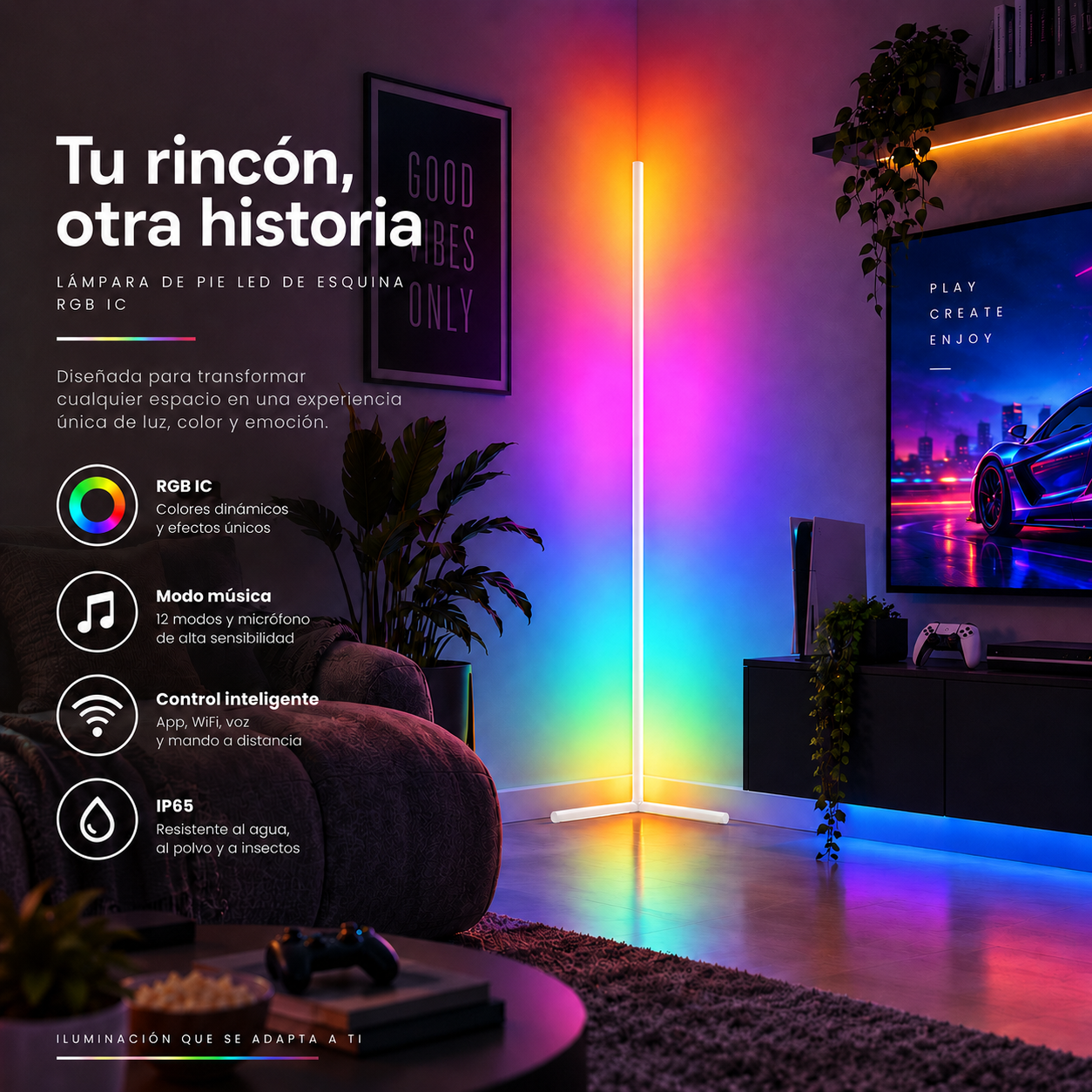 Sala con lámpara de pie LED de esquina colorida, TV, planta y textos.