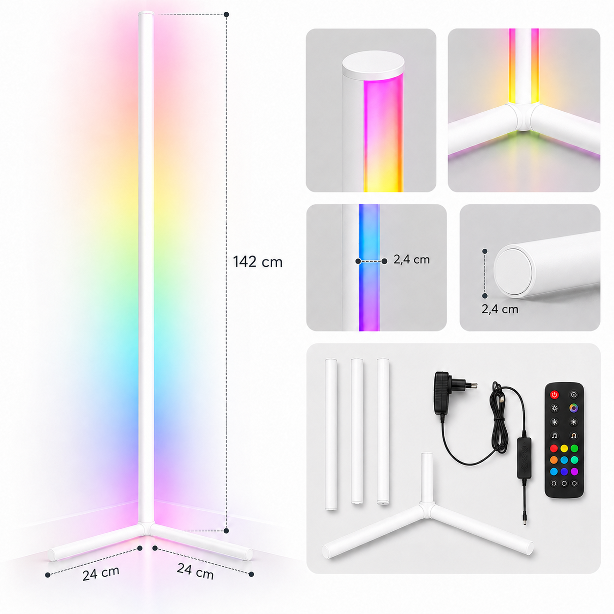 Lámpara de pie esquinera RGB con dimensiones, detalles, accesorios, adaptador de corriente y control remoto.