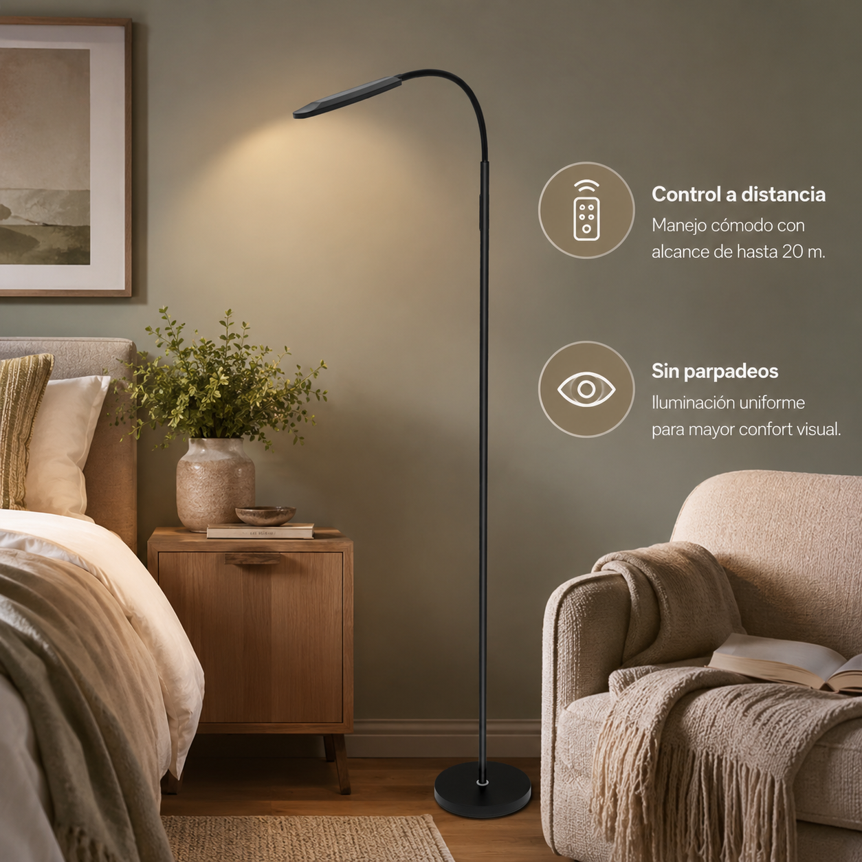 Una lámpara de pie negra en un dormitorio junto a la cama y un sillón, con texto sobre control remoto y luz sin parpadeos.