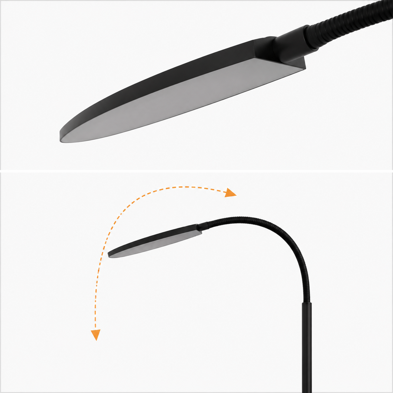 Un cabezal de lámpara negro ajustable con cuello flexible, mostrando movimiento con flechas naranjas sobre fondo blanco.