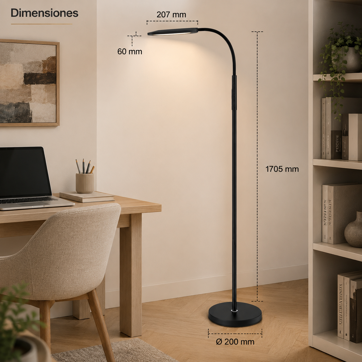 Lámpara de pie negra con dimensiones en una habitación moderna.