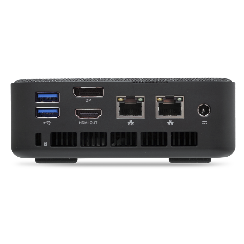Die Rückseite eines schwarzen Mini-PCs mit USB-, HDMI-, DisplayPort-, Ethernet-Anschlüssen und Netzeingang.