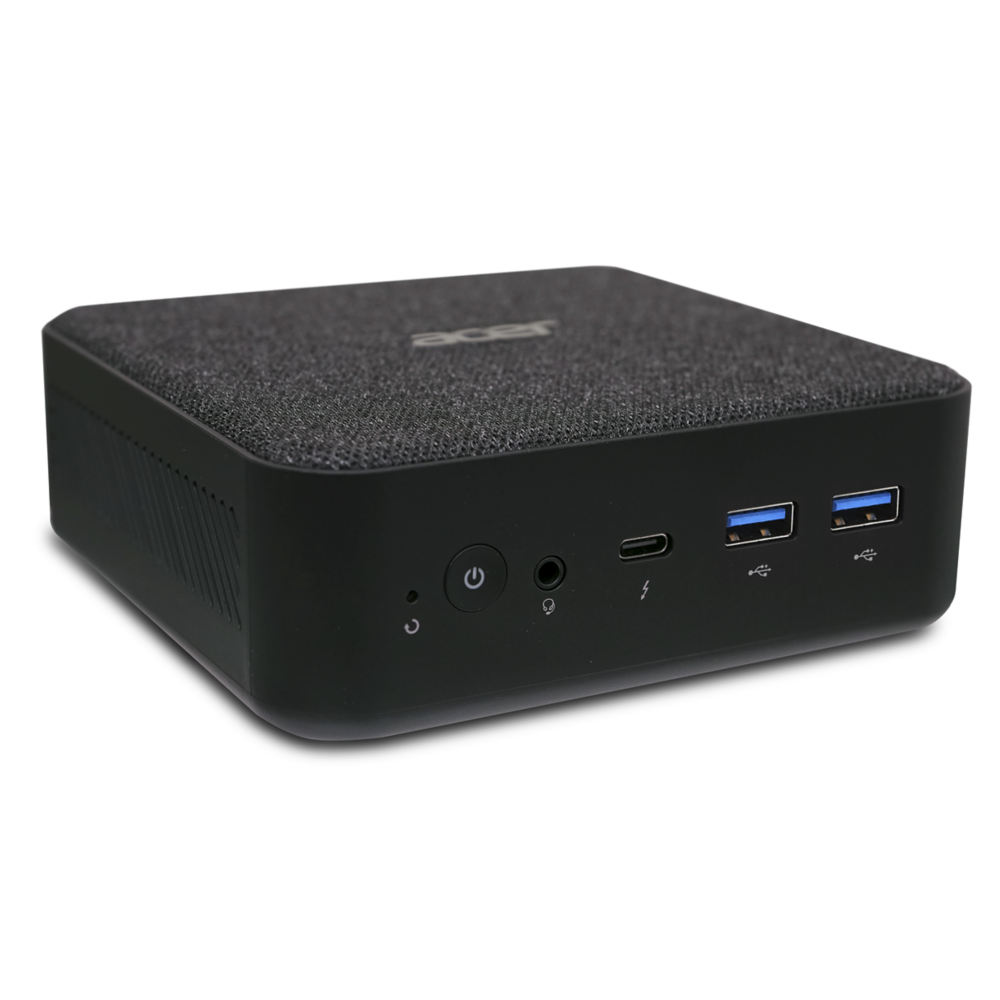 Ein schwarzer Acer-Mini-PC mit Texturoberfläche, Ein-Aus-Taste, Audioanschluss, USB-C-Port und zwei USB-Anschlüssen.
