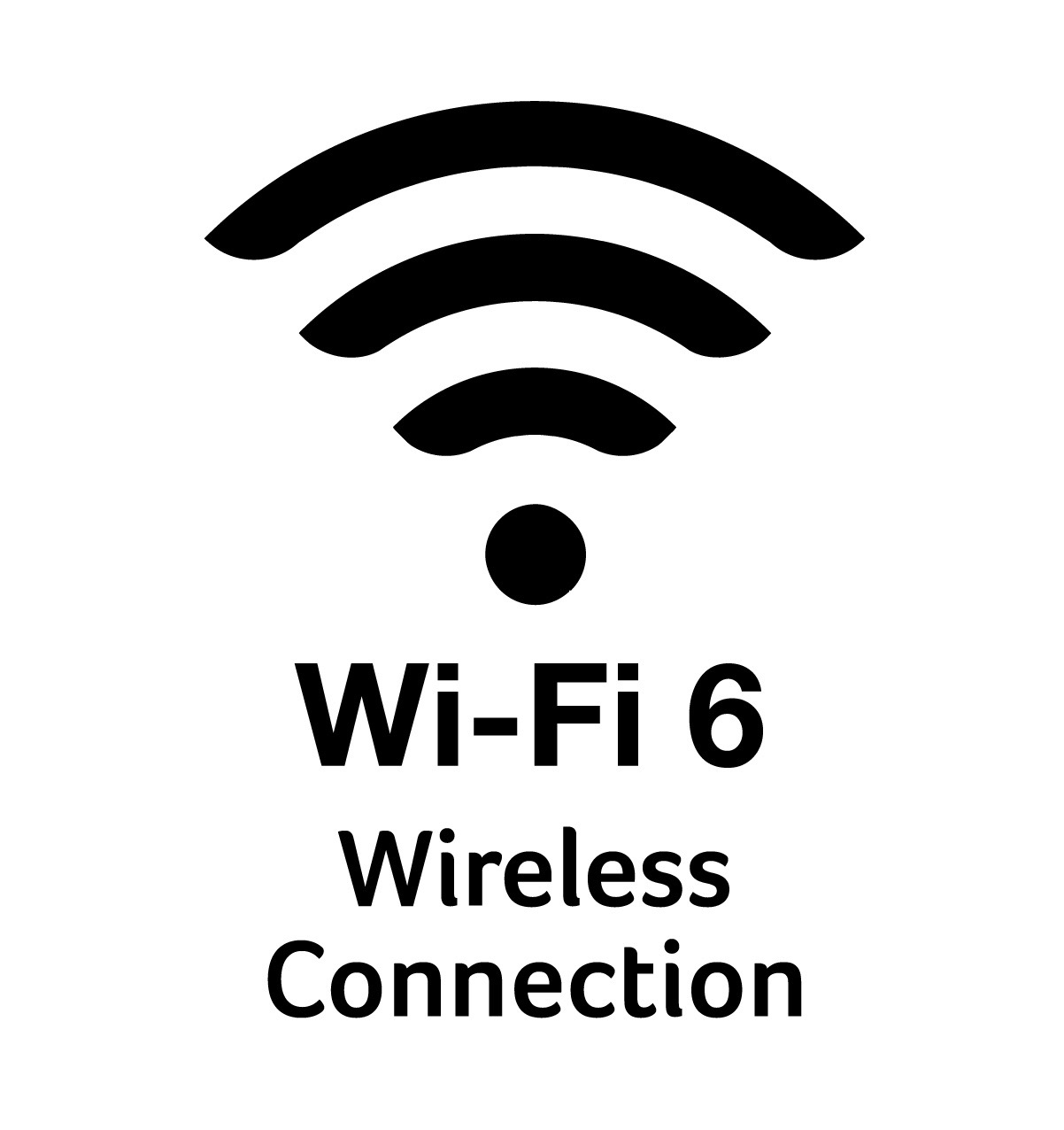 Ein schwarzes WLAN-Symbol mit drei Bögen und einem Punkt, darunter der Text Wi-Fi 6 Wireless Connection.