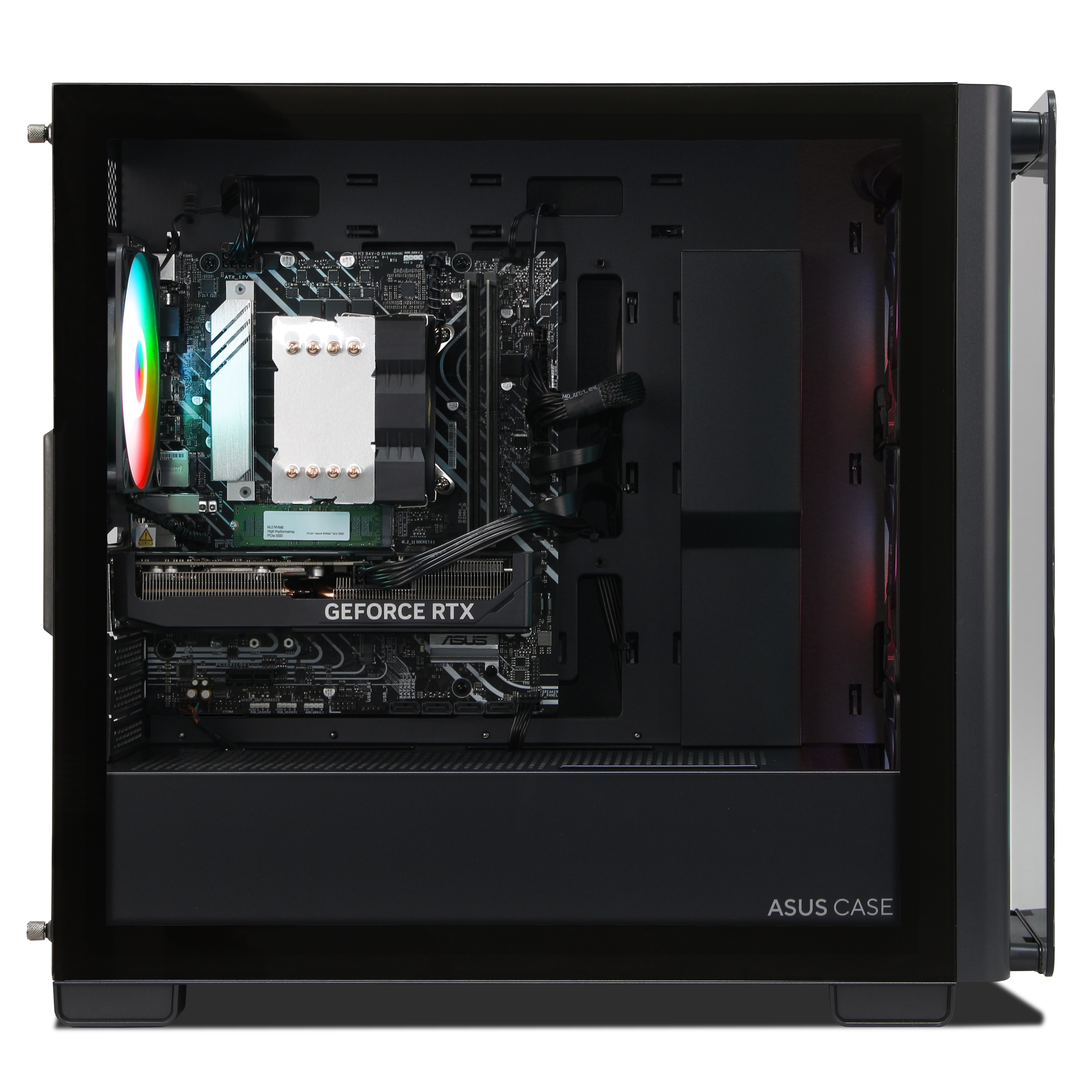 Case per PC aperto con scheda madre, scheda grafica GeForce RTX, ventola illuminata e logo ASUS.