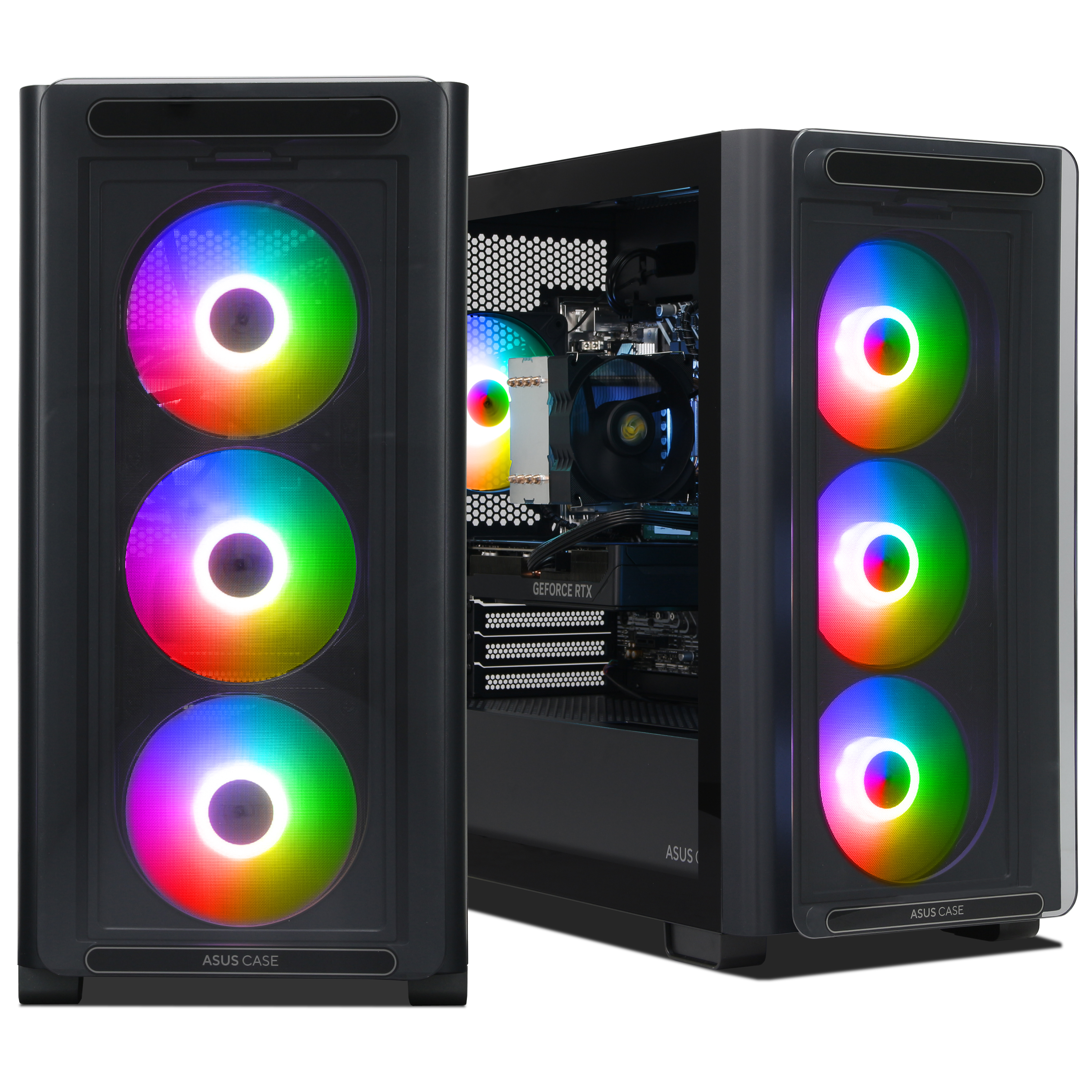 Case per PC Asus nero con tre ventole frontali RGB colorate e componenti hardware interni visibili.