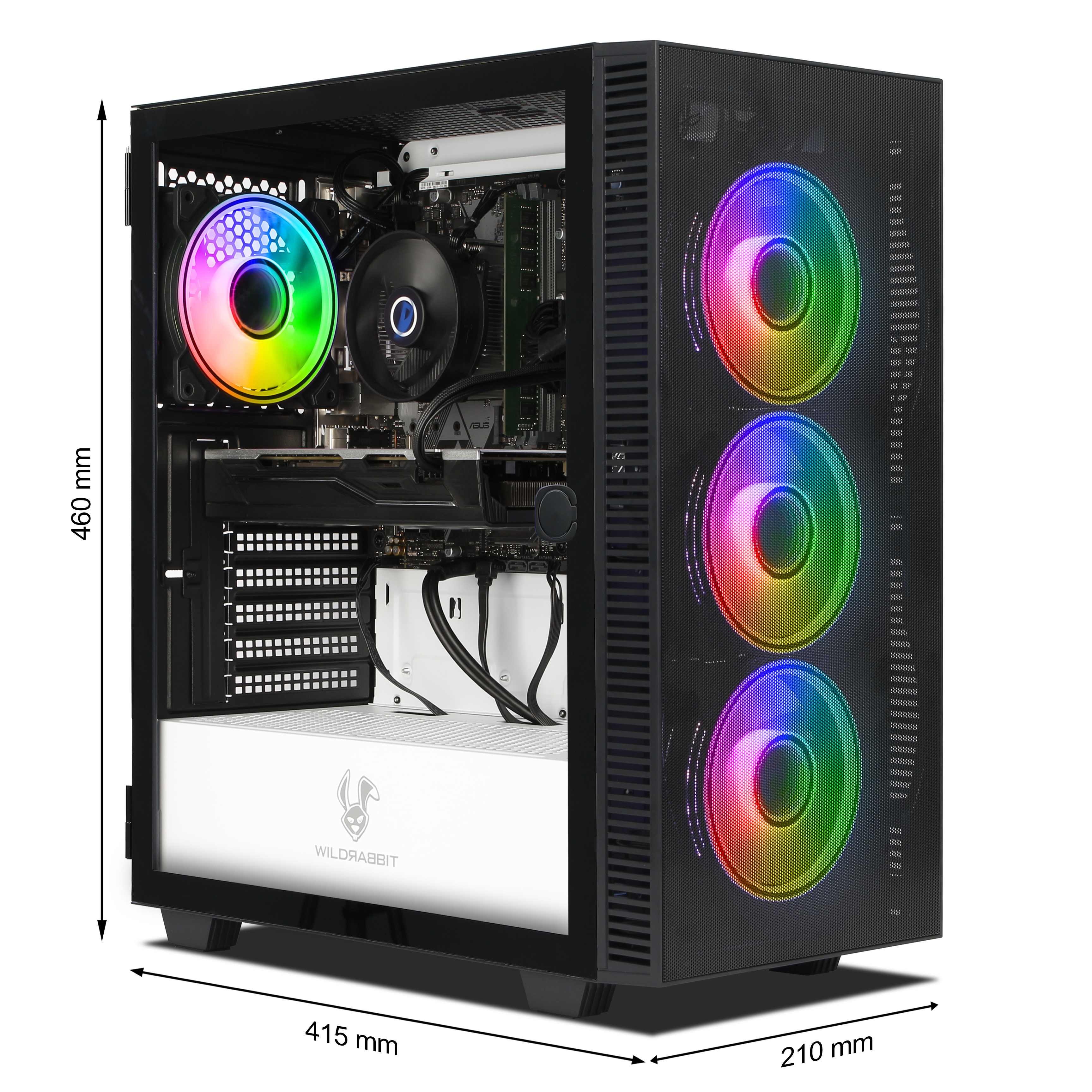 Schwarzes PC-Gehäuse mit RGB-Lüftern und sichtbaren Maßen von 460x415x210 mm.