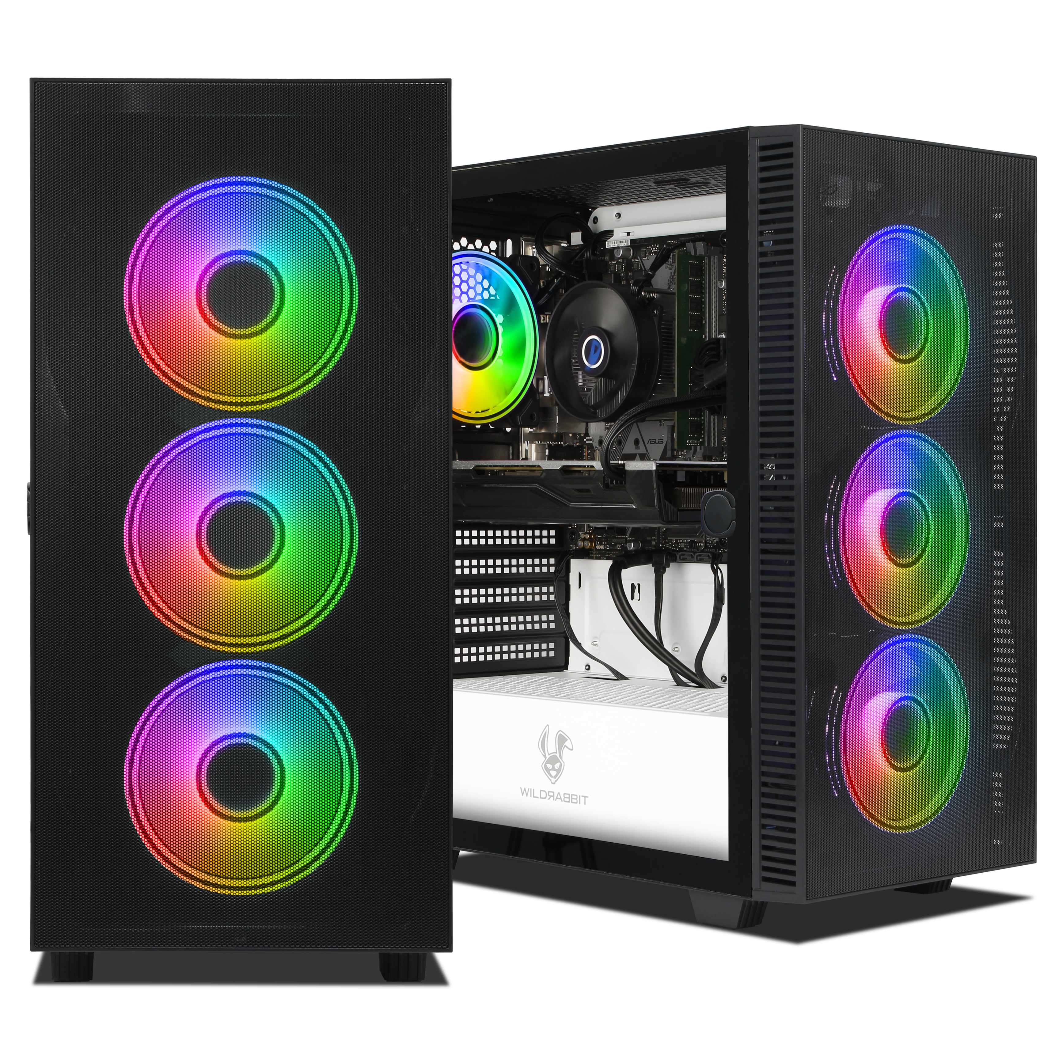 Schwarzer PC-Tower mit drei RGB-Lüftern vorne und Einblick in das Innere.