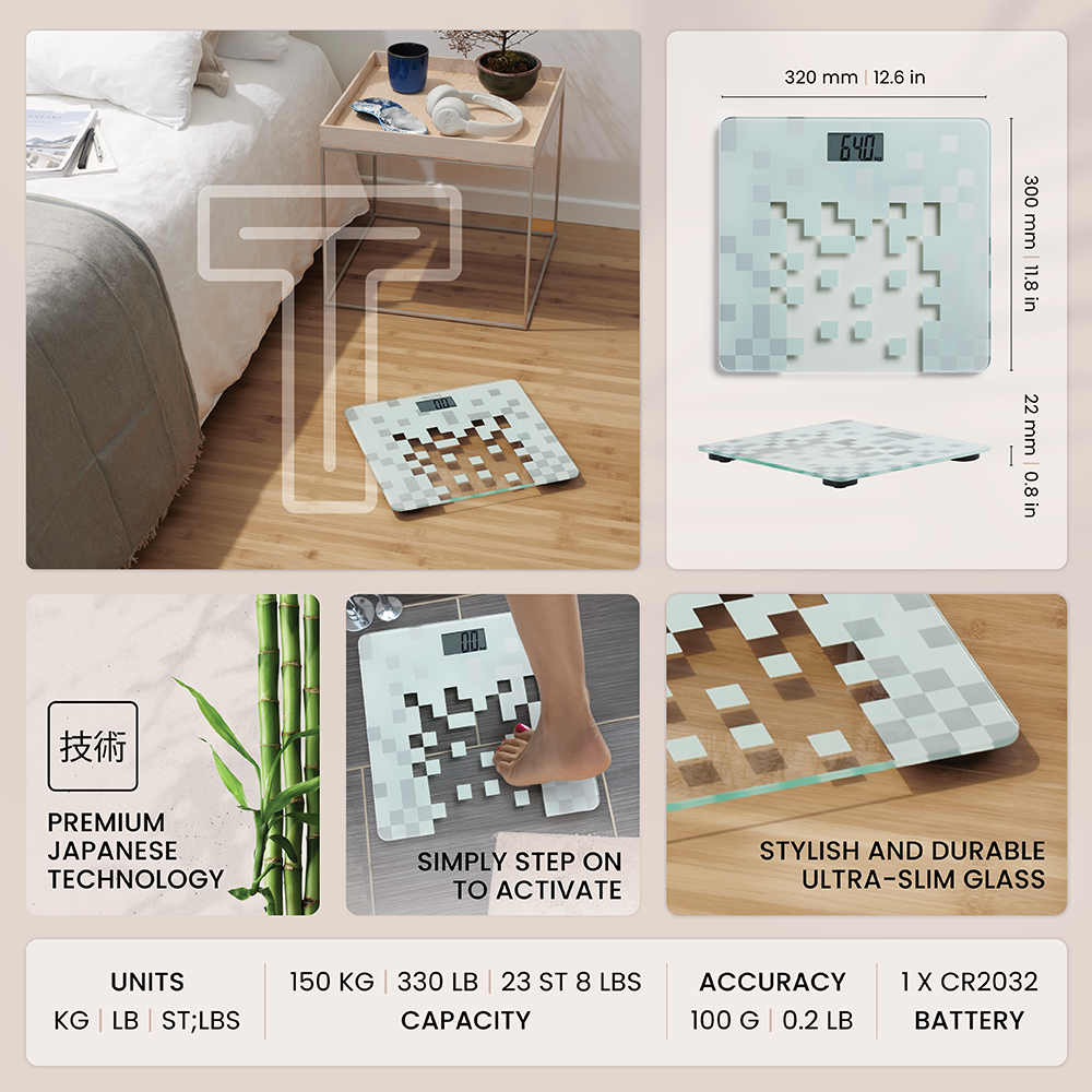 Pèse-personne numérique avec design en mosaïque carrée, dimensions, activation par le pied et détails techniques.