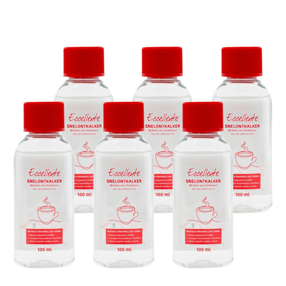 Six clear plastic bottles with red caps and red labels functioning as descaler.