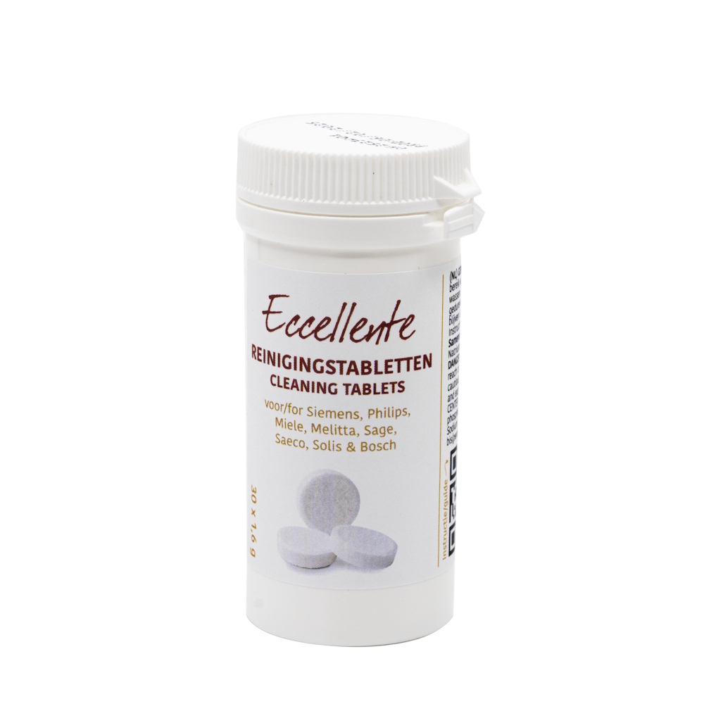 A white bottle of Eccellente cleaning tablets with a white cap, featuring text and images of pills on the label.