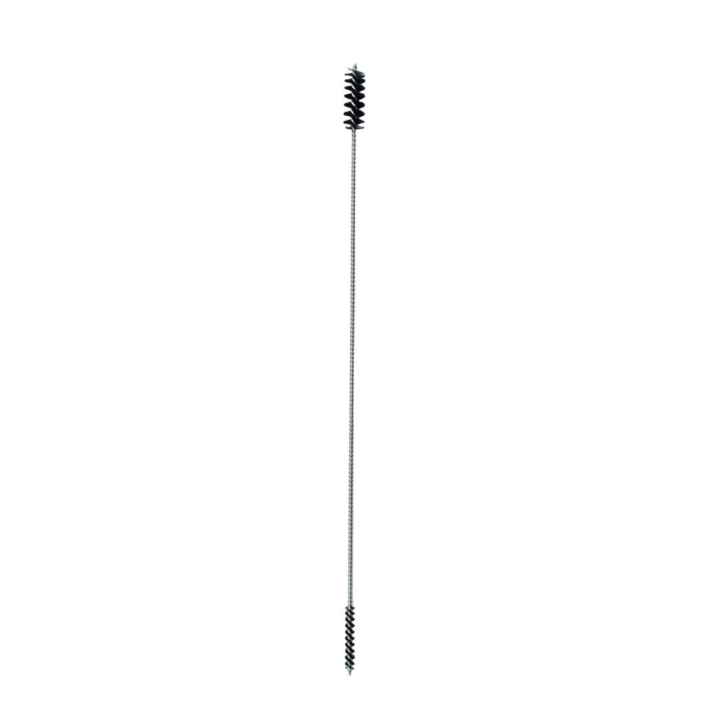 A long, thin cleaning brush with a black bristled head and metal handle on a white background.