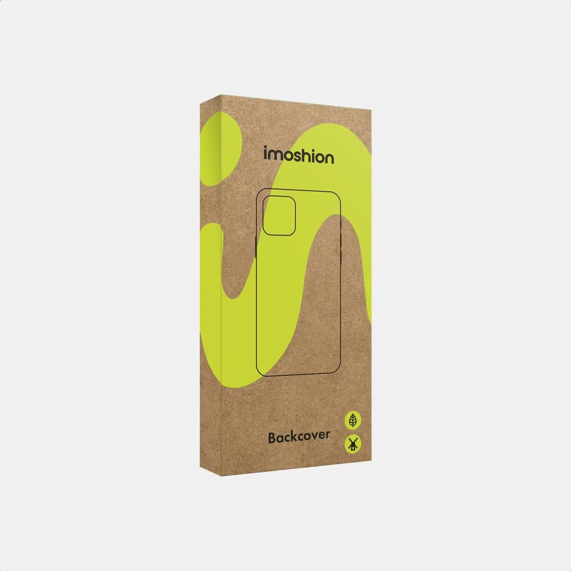 Een bruine kartonnen verpakking met gele golvende patronen en de tekst imoshion Backcover.