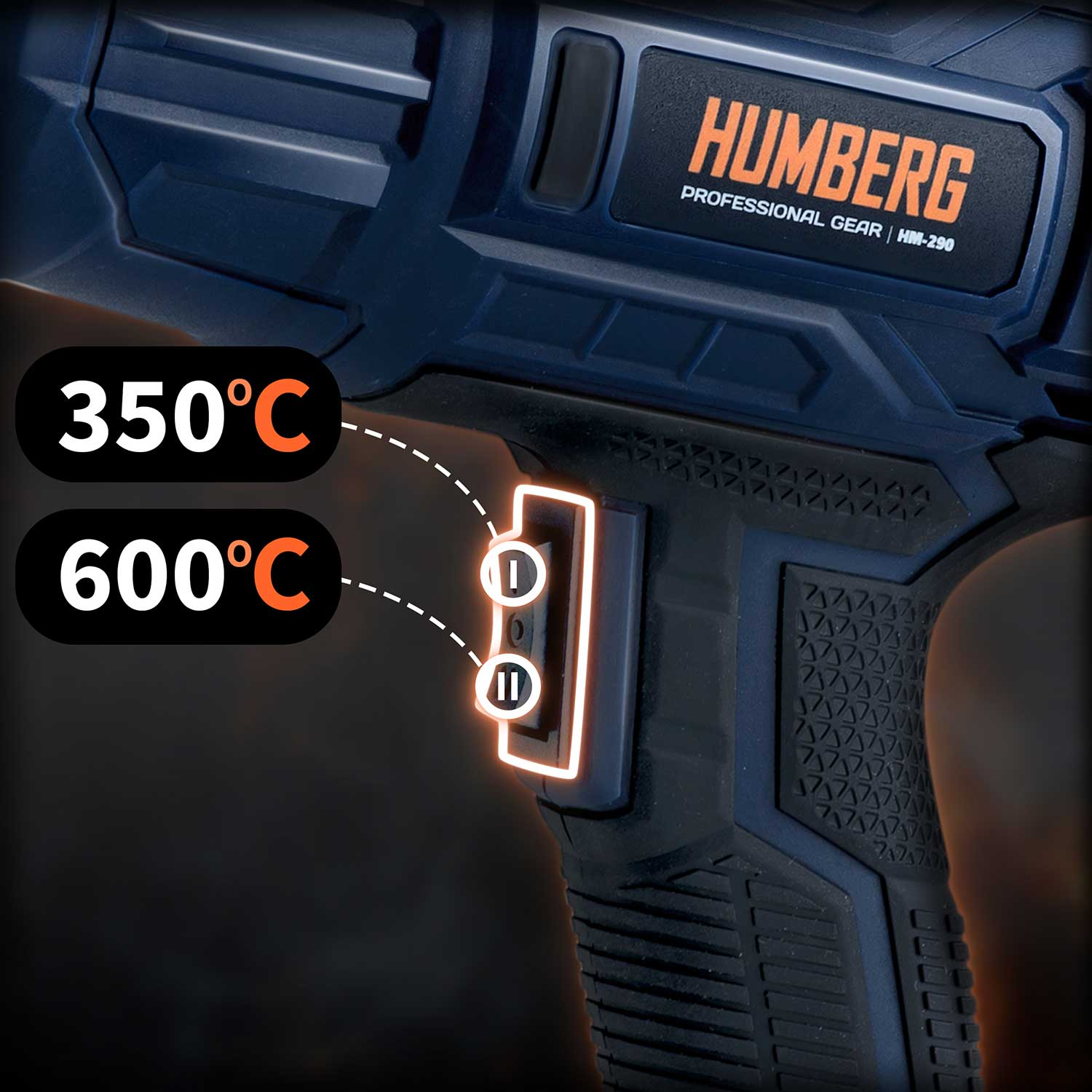 Niebieska opalarka Humberg z dwoma ustawieniami temperatury, 350 stopni Celsjusza i 600 stopni Celsjusza.