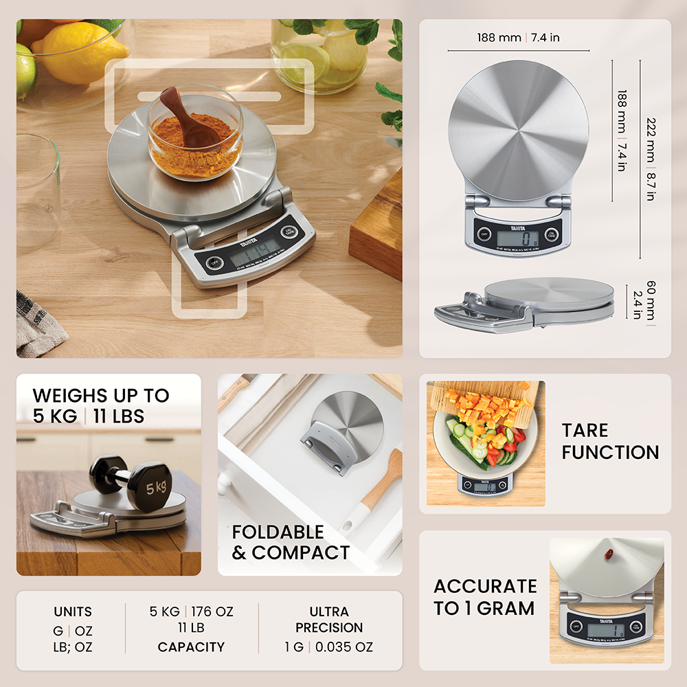 Product overview of a compact, foldable kitchen scale showing dimensions, capacity, and accuracy.