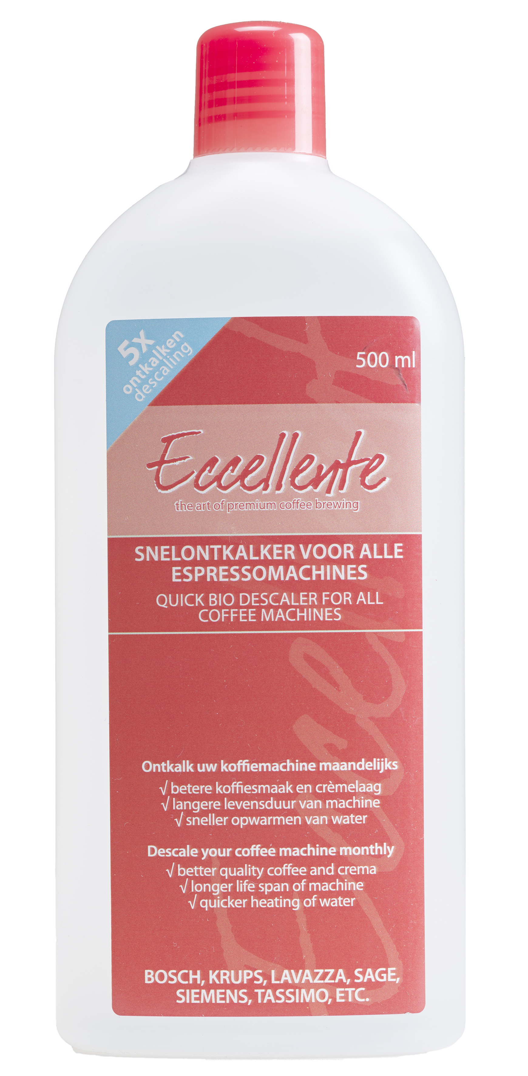 Een fles van 500 ml Eccellente snelontkalker voor espressomachines, met een rood etiket en dop.
