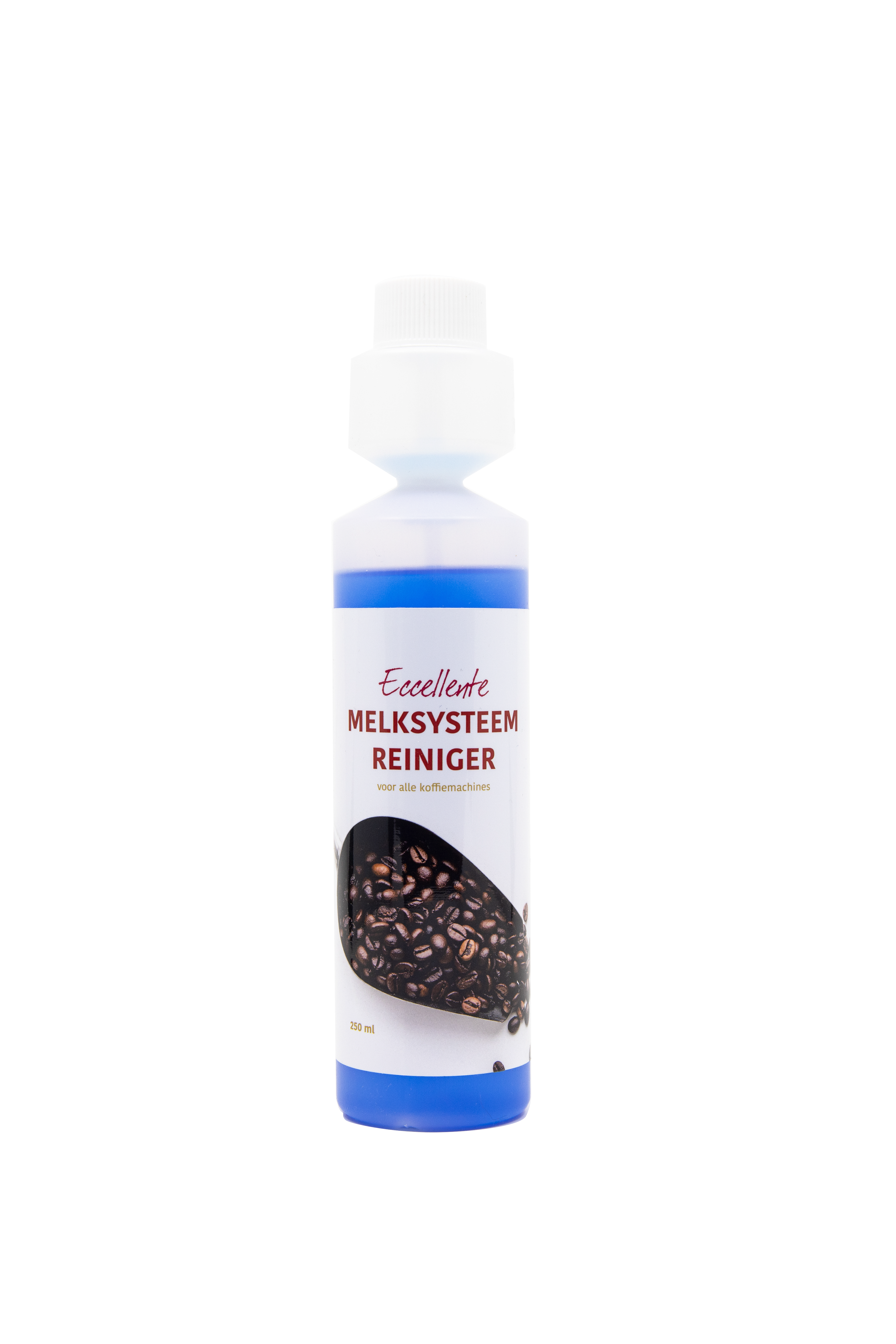 Blauwe fles melksysteemreiniger met wit koffiebonen grafisch etiket.