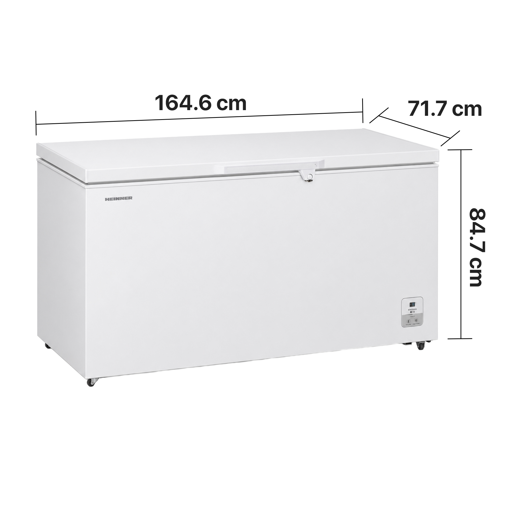 Congélateur coffre Heinner blanc avec dimensions : largeur 164,6 cm, profondeur 71,7 cm, hauteur 84,7 cm.