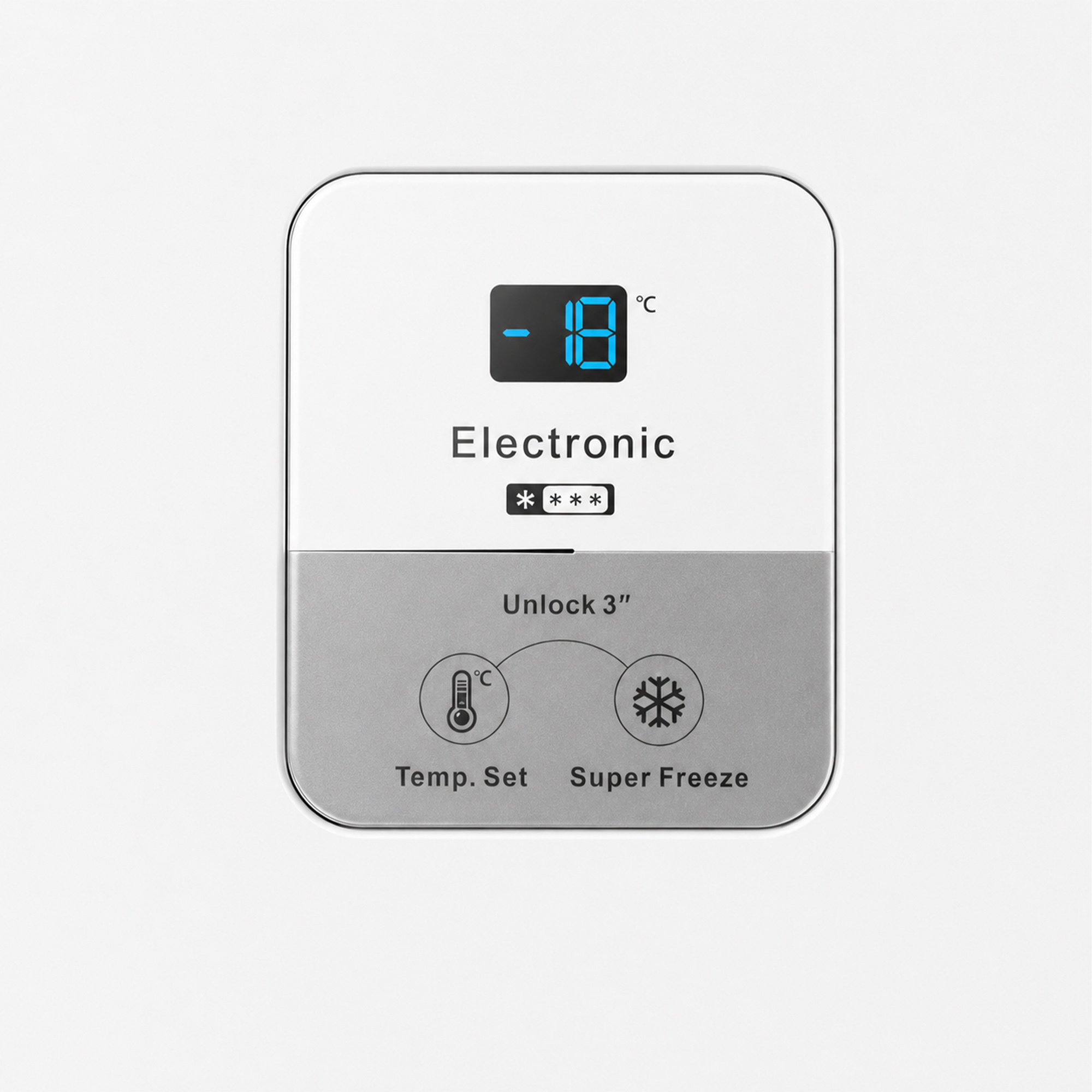 Un panneau de commande de réfrigérateur électronique blanc affichant moins 18 degrés Celsius.