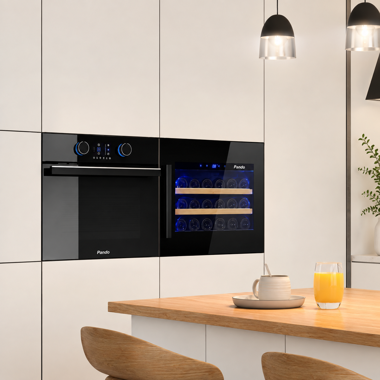 Cucina moderna con forno da incasso, cantinetta vini e bancone in legno con tazze.