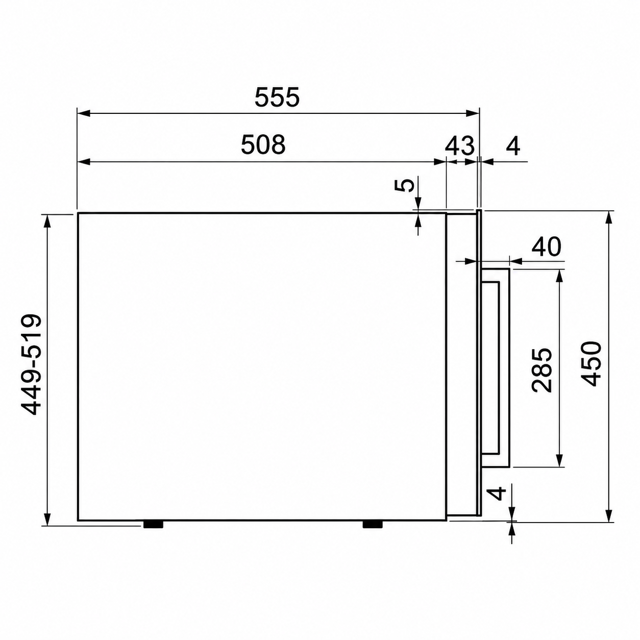 Disegno tecnico che mostra le dimensioni laterali di un elettrodomestico.