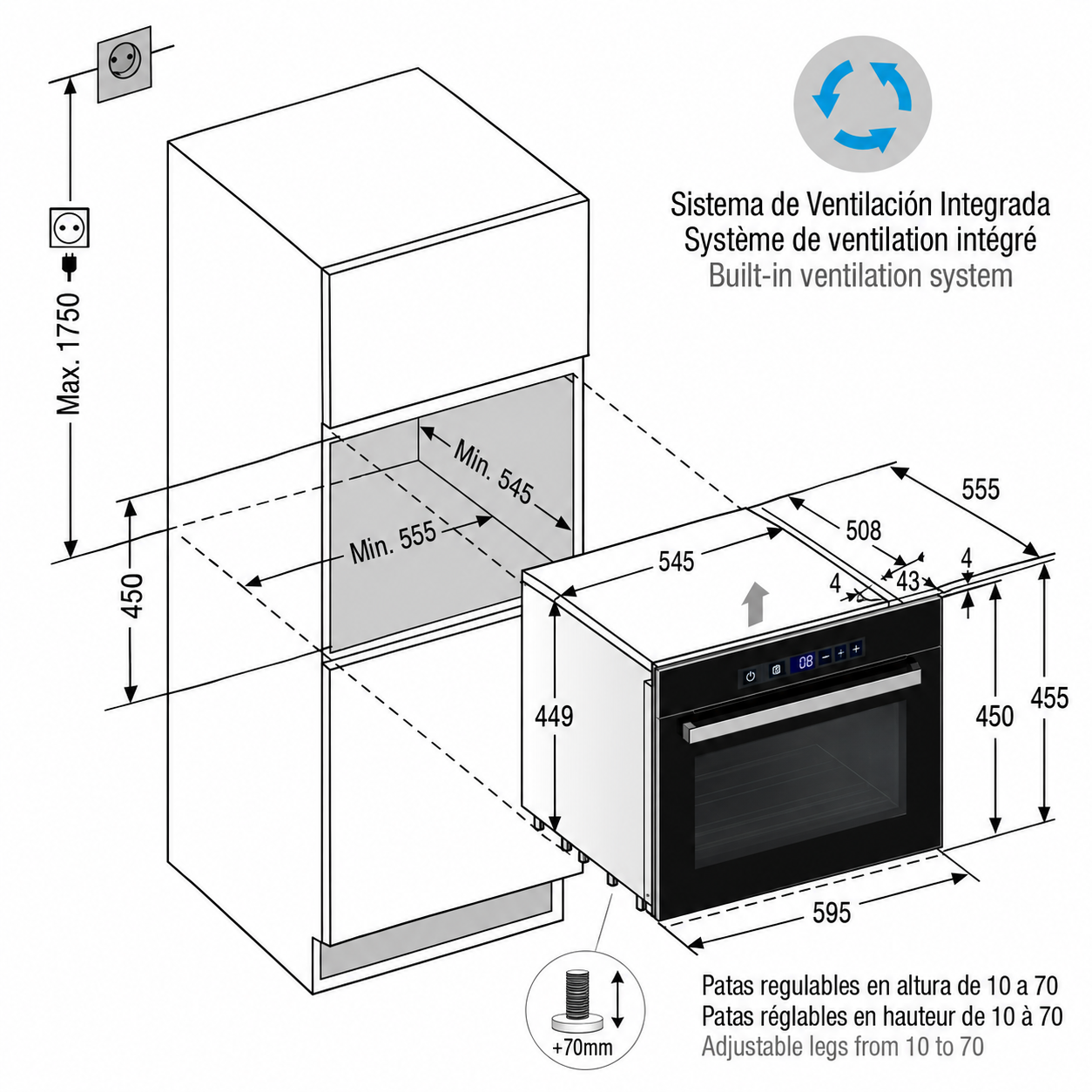 Schema che mostra le dimensioni di installazione di un forno in un mobile con ventilazione integrata.