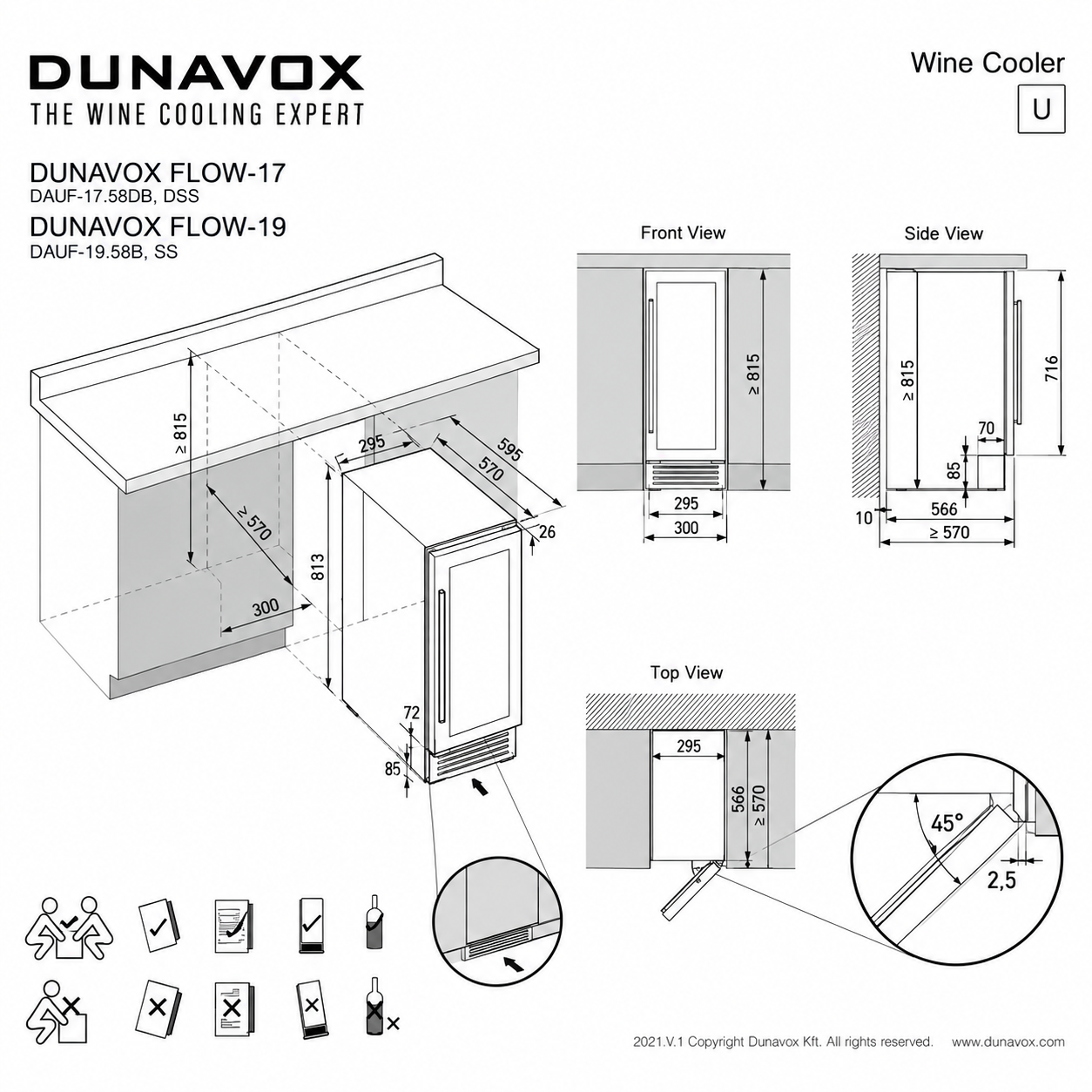 Disegno tecnico di una cantinetta per vini Dunavox con quote per vista frontale, laterale e dall'alto.