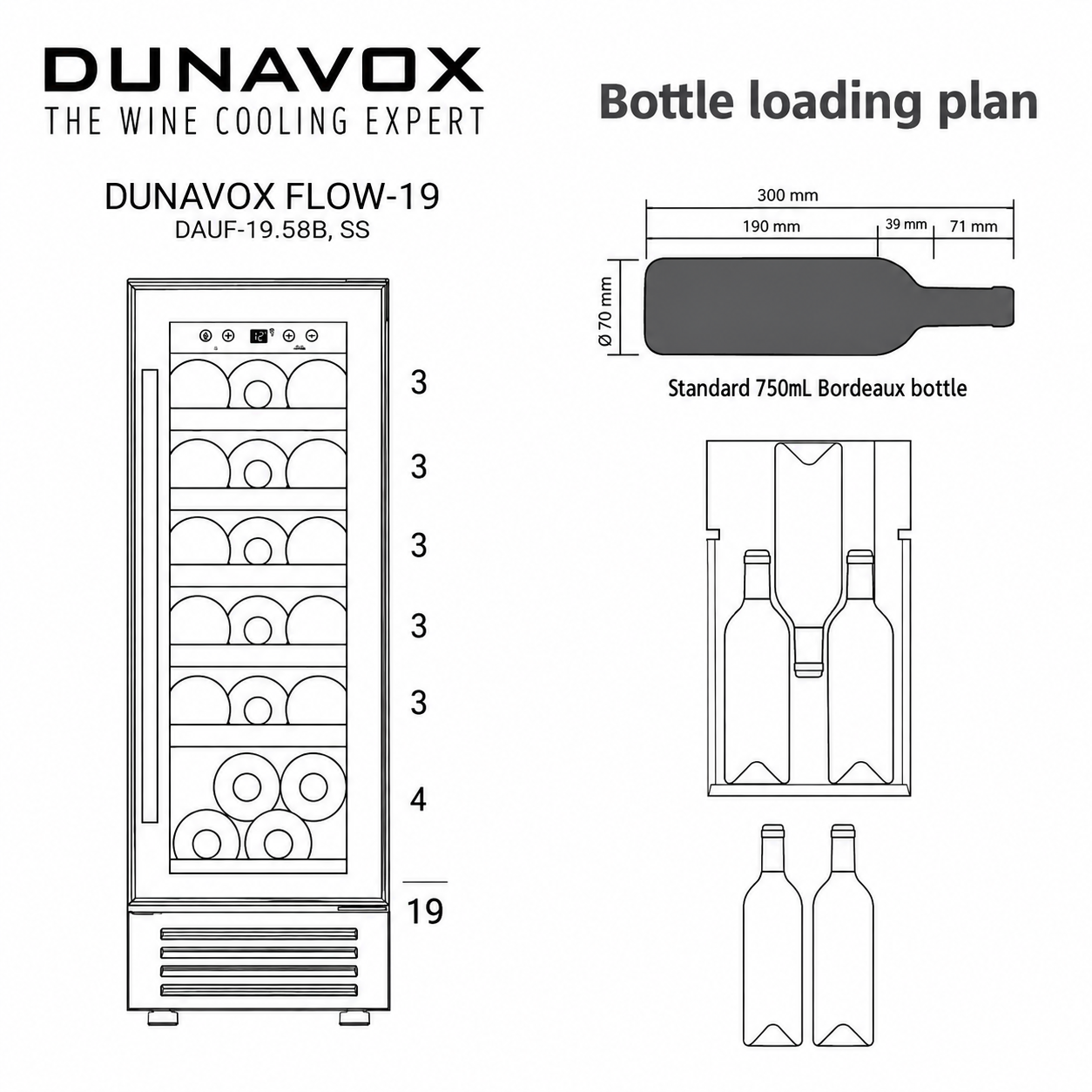 Il diagramma mostra il piano di carico delle bottiglie per una cantinetta Dunavox con dimensioni.