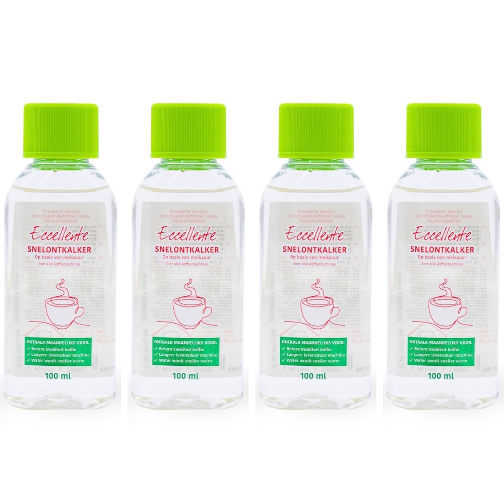Four identical 100ml Eccellente descaler bottles with green caps on a white background.