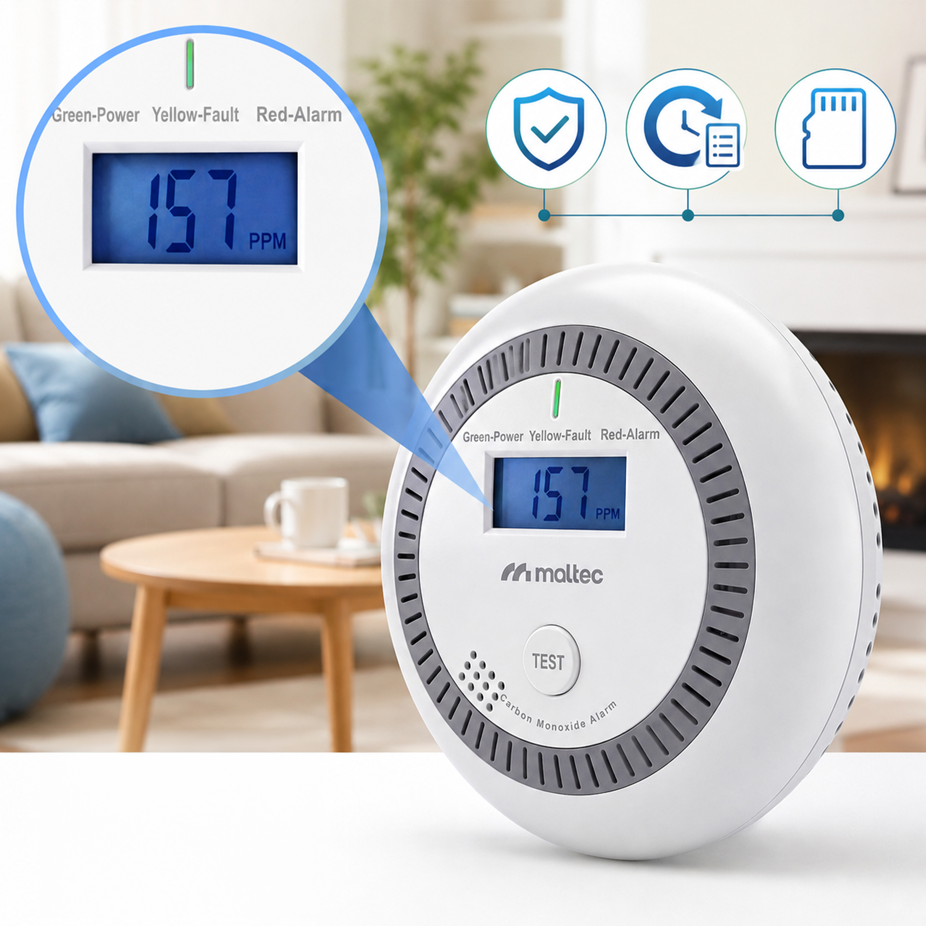 Biały czujnik tlenku węgla z niebieskim ekranem pokazującym 157 PPM, w salonie.