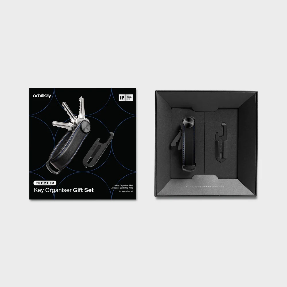 Zestaw prezentowy Orbitkey Key Organiser w czarnym opakowaniu z wielofunkcyjnym narzędziem.