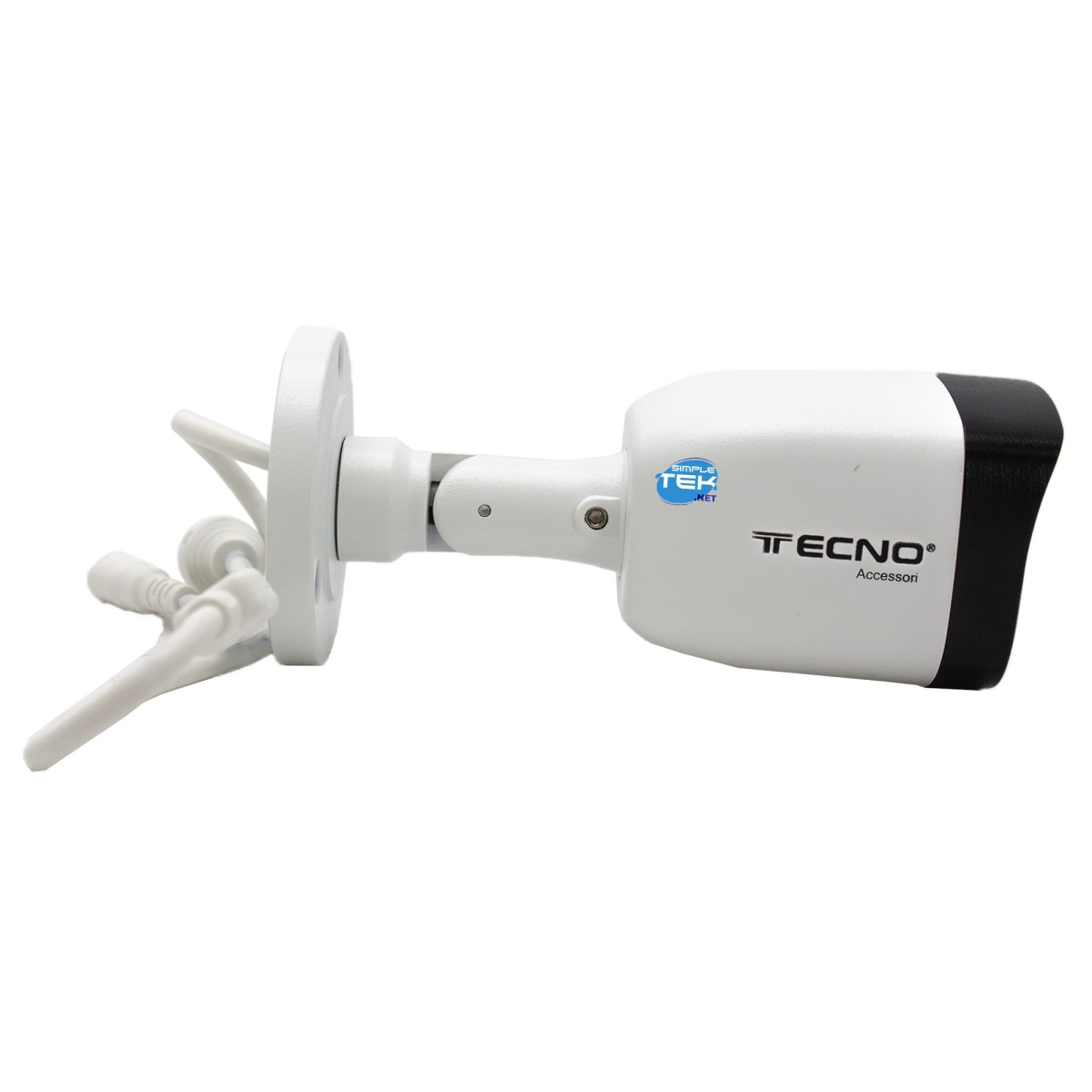 Telecamera di sicurezza bianca e nera con logo Tecno e cavi collegati su sfondo bianco.