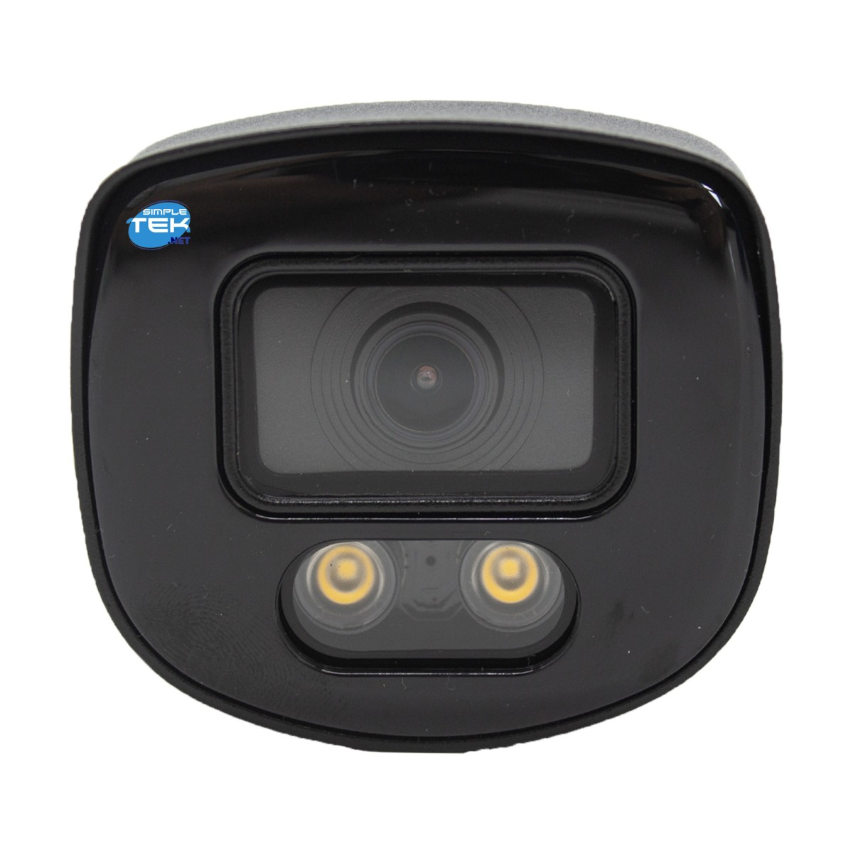 Una telecamera di sicurezza nera con obiettivo e due luci LED su sfondo bianco.