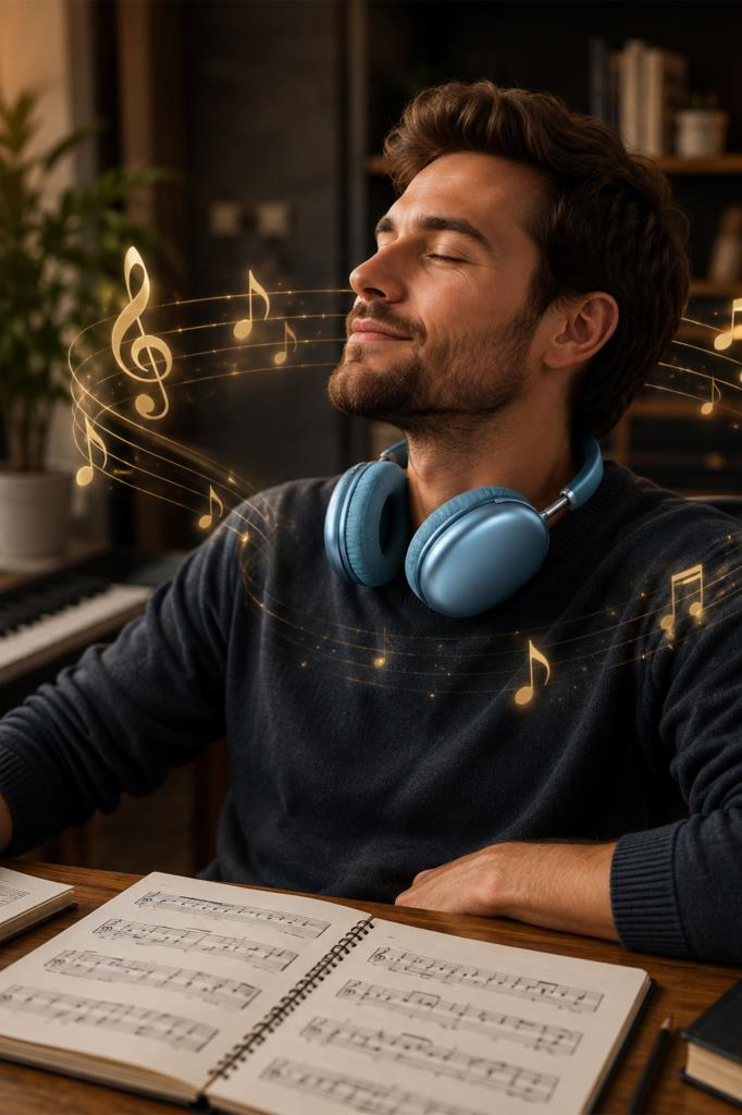 Mavi kulaklıklı bir adam, parlayan nota işaretleri ve masadaki nota defteri eşliğinde müzik dinliyor.