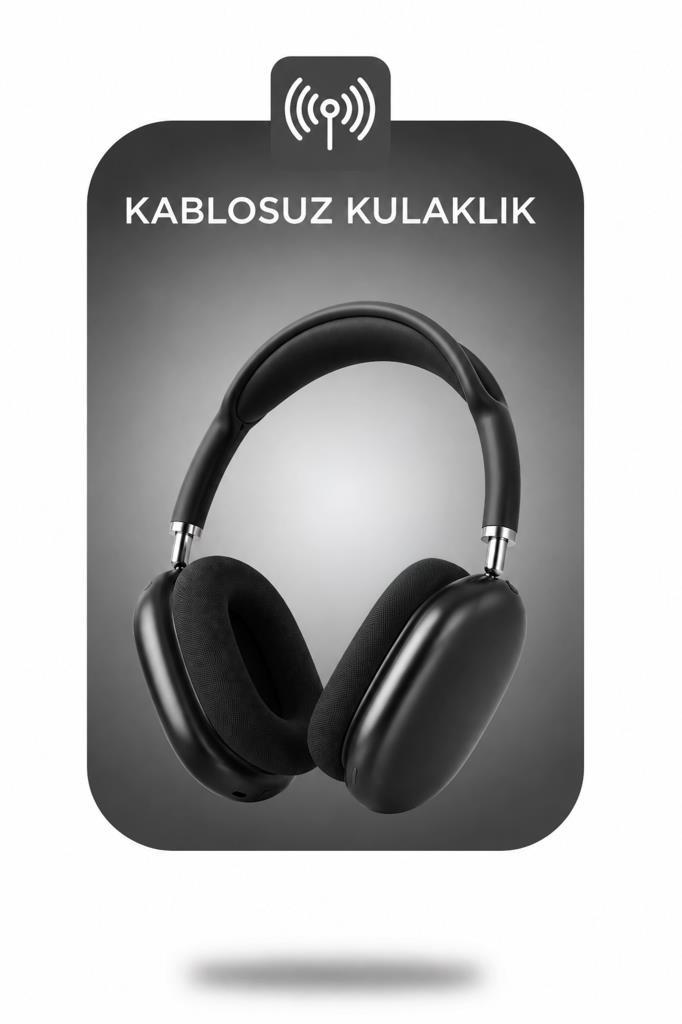 Gri arka plan önünde KABLOSUZ KULAKLIK yazısıyla siyah kablosuz kulaklık.