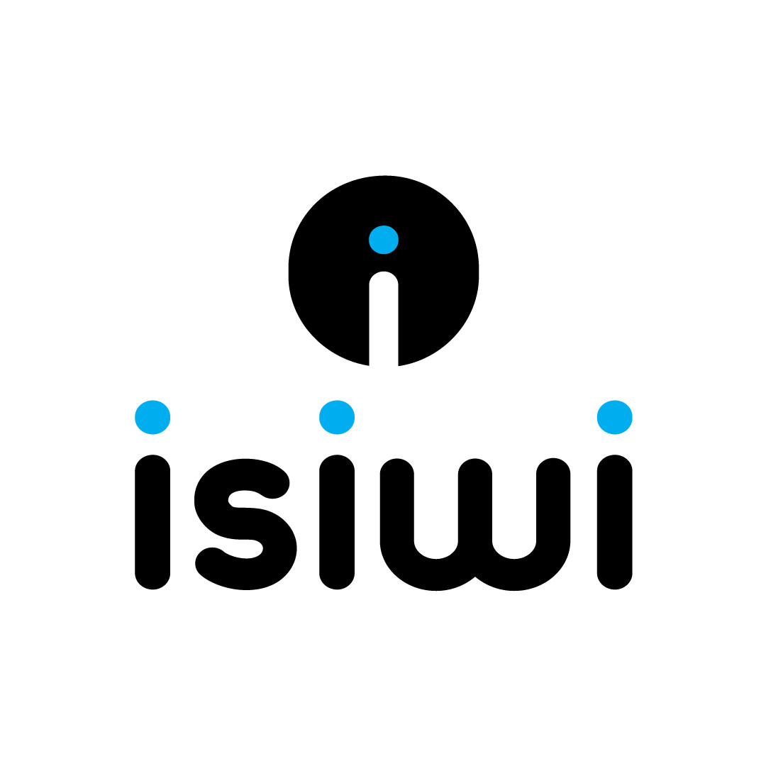 Il logo presenta la parola isiwi in nero, con puntini blu sopra le i e un cerchio nero sopra.