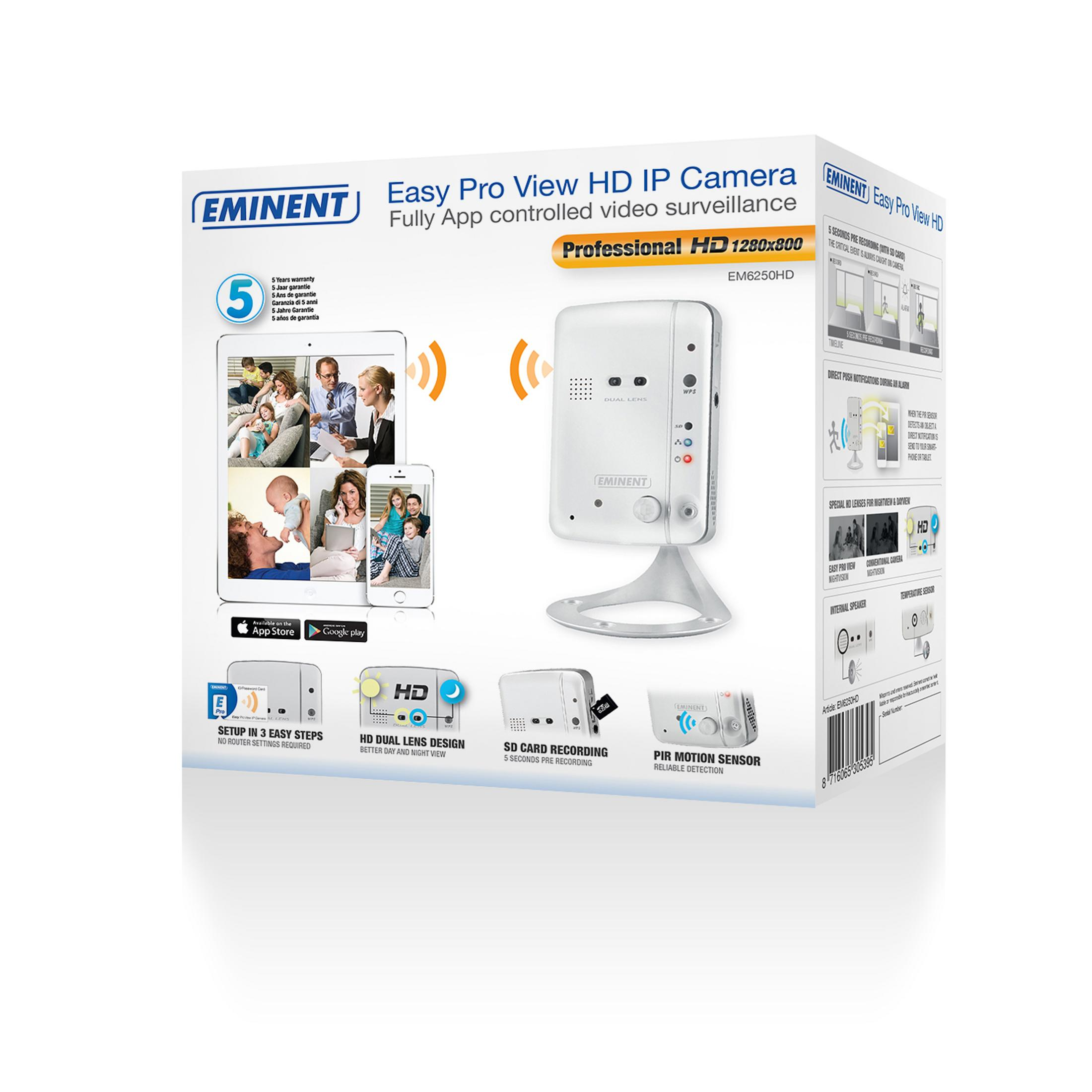 Confezione della telecamera IP Eminent Easy Pro View HD con immagini del prodotto, interfaccia app e funzioni.