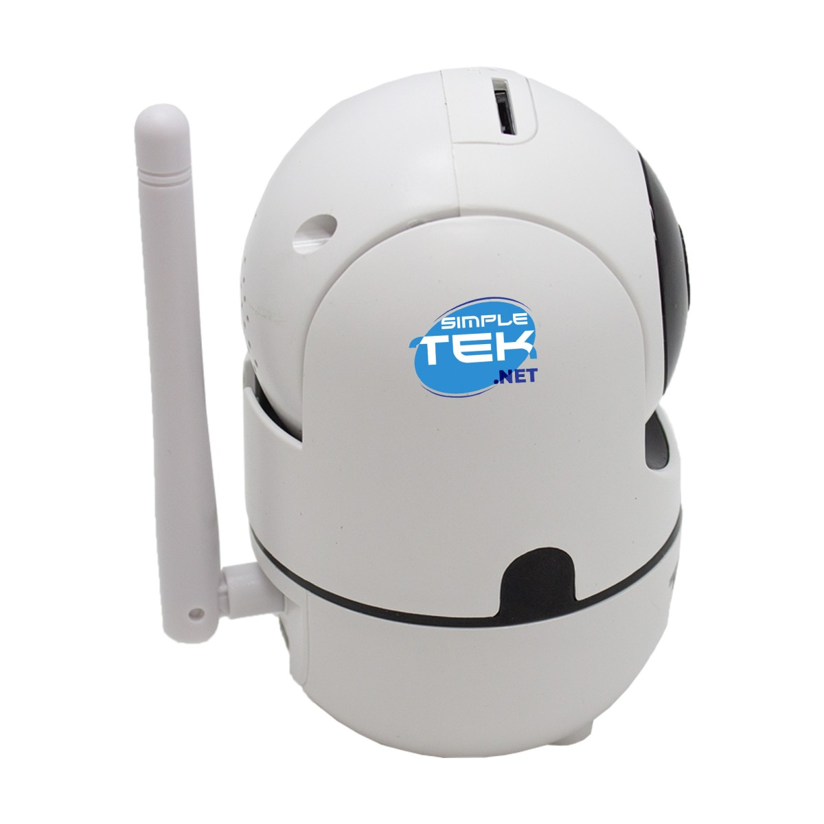 Telecamera di sicurezza wireless bianca con logo SimpleTek su sfondo bianco.